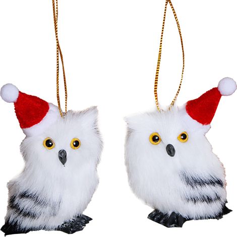 Hibou réaliste en 2 pièces, modèle animal, décoration pour sapin de Noël ou fête (avec chapeau et pendentif, blanc, deux pièces) (1/2)
