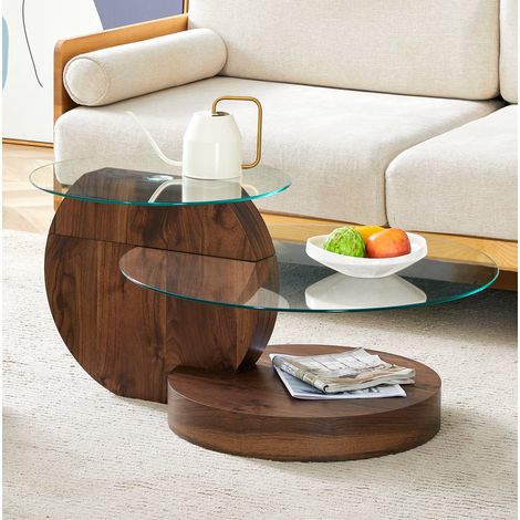 Mesa de centro de vidrio templado y MDF color nogal, diseño moderno, tableros redondos 50/70 cm (1/5)