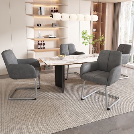 DESMIU Chaise de salle à manger lot de 4 avec accoudoirs ergonomiques et pieds cintrés en métal, cuir gris (1/5)