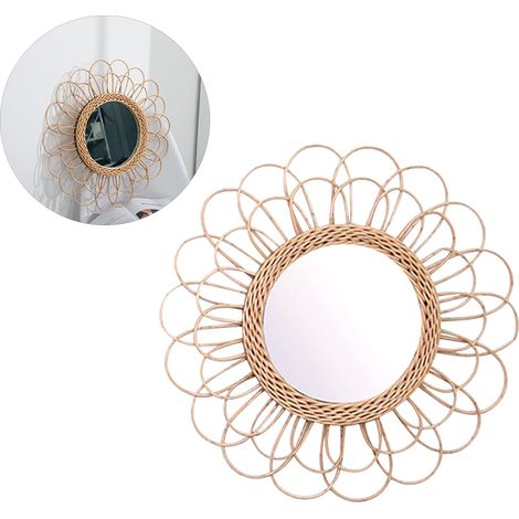 Miroir mural boho 40cm en rotin forme tournesol, miroir de maquillage circulaire à suspendre, décoration ethnique