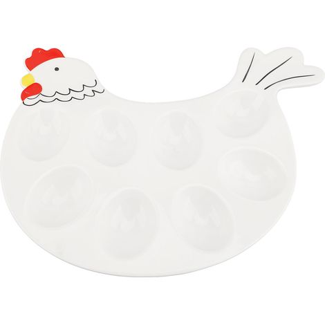 Plateau en céramique en forme de poussin, comportant 8 compartiments pour les œufs garnis et servant de présentoir pour Pâques. (1/5)