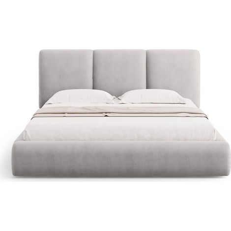 Lit coffre avec tête de lit 200x200cm en chenille gris clair (1/5)