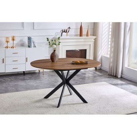 Table extensible in MDF e metallo nero, finitura noce, rotondo trasformabile in ovale per 4-6 persone (1/5)