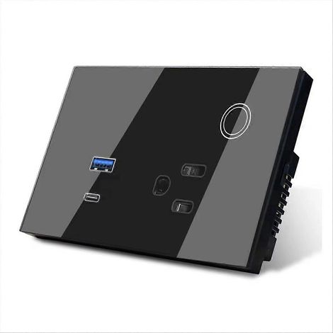 Prise murale 15A USB Type-C avec prise EU noire, chargeur encastrable double port, alimentation secteur 230V, compatible charge rapide, boîtier mural moderne (1/5)