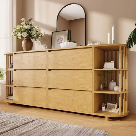 Commode 160 cm 6 tiroirs étagères bambou aspect chêne pieds réglables (1/5)