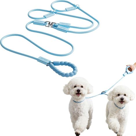 Verstellbare 1,8 m lange Doppelleine für 2 kleine Hunde, 200 kg Bruchlast, 360° drehbar, mit komfortablen, gepolsterten Griffen für 2 Hunde, für Training und Spaziergänge, blau, 180 cm (1/5)