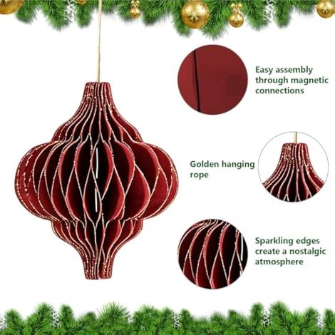 Pièces Décorations de Noël en Nid d'abeille en Papier, Décorations de Noël 3D avec Bord Pailleté, Facile à Monter, Ornements Suspendus pour Sapin, Fêtes du Nouvel an et Maison (1/3)