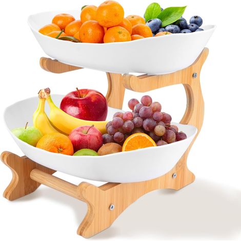 Corbeille à fruits double couche pour comptoirs de cuisine, panier à fruits en plastique avec support (blanc) (1/5)