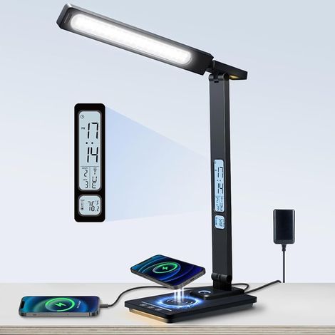 Lampe de Bureau LED avec Chargeur sans Fil & Port USB, Lampe de Table Tactile 5 Couleurs 5 Luminosités Écran LCD 2 Veilleuses Horloge Réveil Température Lampe de Chevet pour Travail Lecture (1/5)