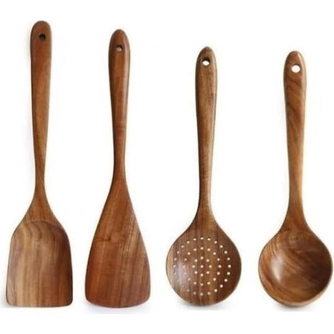 Juego de utensilios de cocina de madera natural, herramientas de cocina, cuchara de madera de mango largo, cuchara para arroz, cuchara para sopa, espátula, antiadherente y ligero (juego de 4 piezas) (1/4)