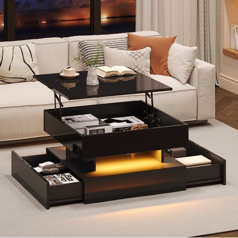 Tavolino da soggiorno sollevabile 65x65x38.5 cm, piano lucido, 2 cassetti, luce LED, spazio nascosto, nero (1/5)