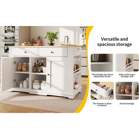 Îlot de cuisine, chariot de cuisine équipé d'une multiprise, armoire de cuisine, chariot de service avec plan de travail, vaisselier, chariot repas avec aspect bois, vaisselier, blanc (1/5)