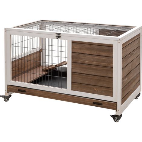 Clapier lapin 2 étages sur roulettes porte verrouillable toit ouvrant plateau coulissant rampe marron blanc