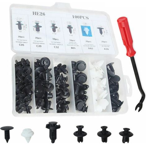 100 Pieces Clips De Retenue De Voiture Corps En Plastique Rivets Attaches Pousser Pare-Chocs Porte Garniture Panneau Vis Avec Outil De Retrait (1/5)