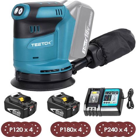 Ponceuse orbitale aléatoire sans fil,Sans balais,ponceuse 18V Ø 125mm, Compatible avec la batterie Makita, 6 vitesses avec sac à poussière & papier de verre 12PCS + 2x 5.5Ah batterie +1 chargeur