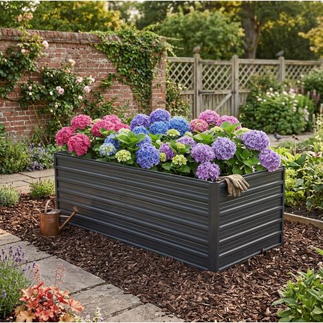 Jardín elevado de 190x90x64 cm en metal, fondo abierto, estructura estable, para huerto, negro (1/5)