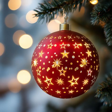 Glas Weihnachtskugel rot zum Hängen mit 10 LED beleuchtet - 12 cm - Deko Kugel Leuchte warm weiß Batterie betrieben