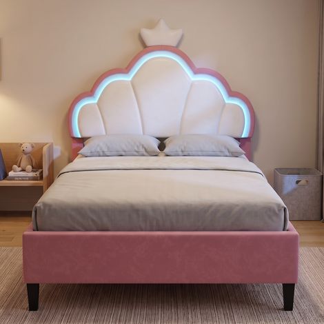 Lit enfant 90x190 cm avec éclairage LED, lit simple avec tête de lit couronne réglable et sommier, velours, Rose et blanc (1/5)
