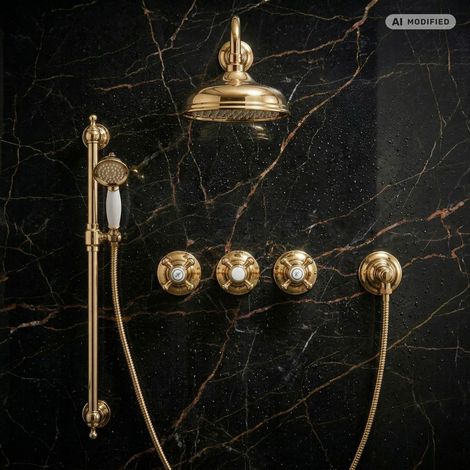 PaulGurkes Dusch-Set Gold mit Duschstange Komplett Antik Retro (1/2)