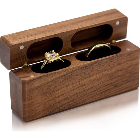 Coffret double pour bagues de mariage, élégant écrin en bois avec pendentif pour alliances, idée cadeau pour un anniversaire, finition naturelle. (1/5)