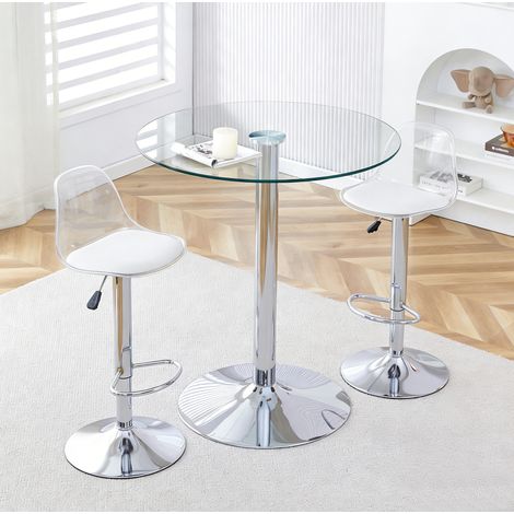 Conjunto de mesa alta de vidrio y 2 taburetes de acrílico transparentes, plata, Ø89 cm, altura regulable y giro 360° (1/5)