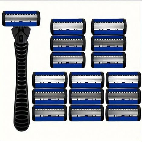 rasoir electriques hommes-Manuel rasoir à 6 lames – pour tous types de barbes – 1 manche + 15 lames noires et bleues