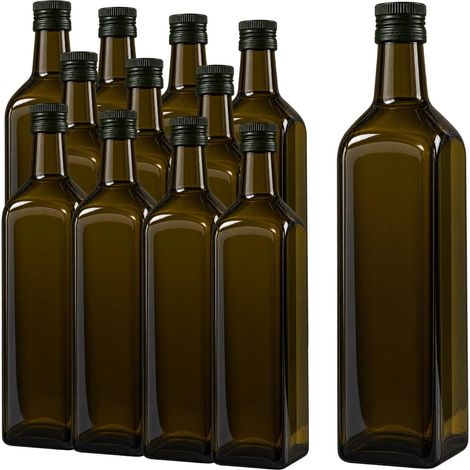 Set12 bottiglie Marasca in vetro da 1 Litro ml con tappo salvagoccia - Vetro verde UVAG resistente - Ideale per olio, aceto, liquori e condimenti (1/5)