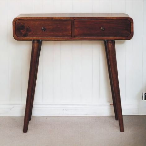 Console d'entrée incurvée en châtaignier massif avec 2 tiroirs, couleur marron foncé (1/5)
