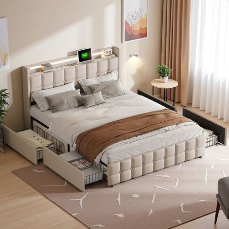 Letto matrimoniale 180x200 - Rivestito in lino beige - LED RGB - 4 cassetti - Porte USB e prese