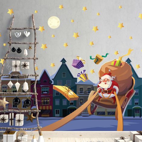 Sticker Noël le père noël dans la ville - Autocollants stickers adhésifs noël - décoration fêtes - 80x120cm (1/5)