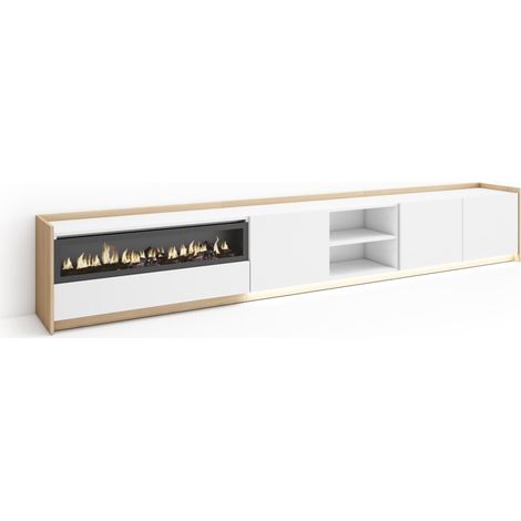 Skraut Home - Mueble TV, Televisión, Muebles de salón, almacenaje, 310x37x50cm, Para TV hasta 80", Chimenea eléctrica, LED, Estilo Moderno, Blanco y roble soft (1/5)