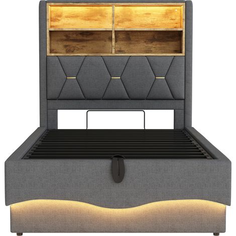 Letto per bambini 90x200 cm con contenitore idraulico LED USB rete metallica grigio MODENUIT (1/5)