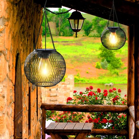 Lanternes solaires d'extérieur améliorées, lanternes suspendues en métal avec verre texturé, lampes de jardin à énergie solaire-AquaForge