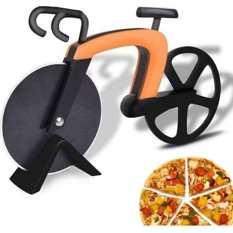 Roulette à Pizza Vélo - Trancheuse de Roue Double Couteau en Acier Inoxydable avec Revêtement Antiadhésif et Béquille-Couleur Orange (1/4)