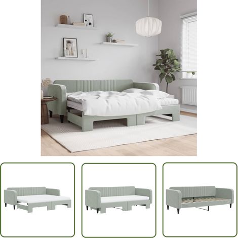 The Living Store Lit de jour avec gigogne et matelas gris clair 90x200cm velours - Canapé Convertible - Lit Gigogne - Lit Deux Places - Mobilier Salle Séjour - Meubles Chambre (1/5)