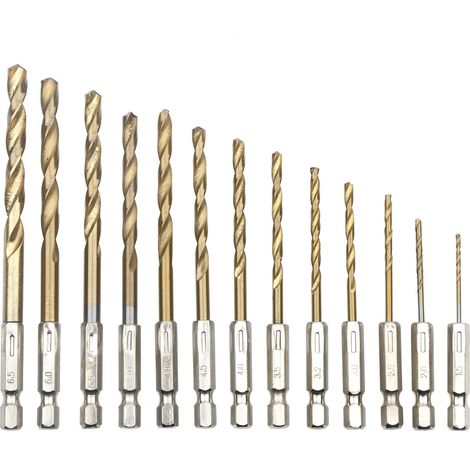 HSS-Spiralbohrer, 13 Stück, Titanbeschichteter Hochgeschwindigkeitsstahl-Sechskantbohrer, 1,5 mm – 6,5 mm, zum Bohren von Holz/Metall/Kunststoff