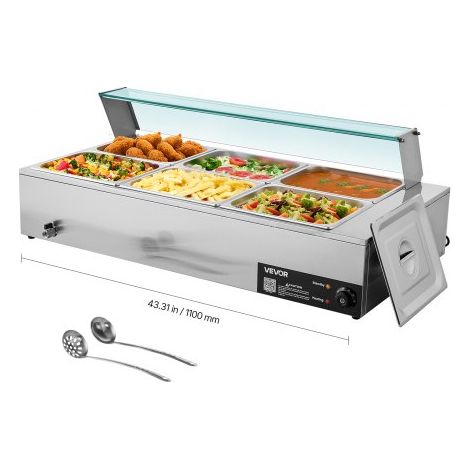 Chauffe-Plat Électrique à Vapeur 1500 W,Buffet Chauffant en Inox,Bain-marie avec 6 Bacs de 1/2,Couvercle en Verre et Louches à Soupe et Perforées,pour Servir Buffet en Libre-Service (1/3)