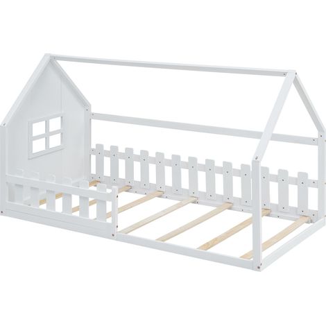 Hausbett 90×200 cm, Einzelbett für Kinder in Hausform, ohne Matratze, aus Kiefernholz und MDF, Weiß (1/5)