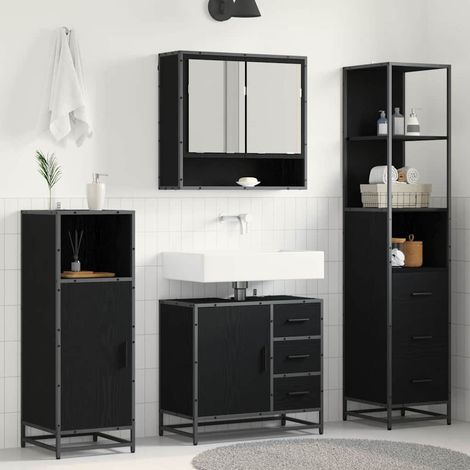 Badezimmermöbel-Set 3 pcs Schwarz Eichen-Optik Holzwerkstoff