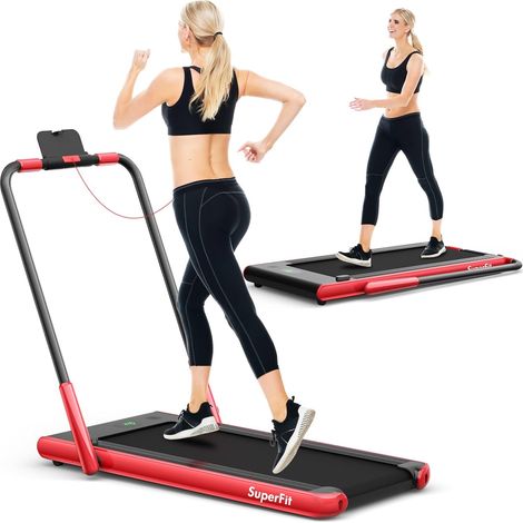 COSTWAY 2 en 1 Cinta de Correr Plegable, Cinta de Correr 1-12.0KM/H con App y Mando a Distancia, Soporte para Teléfono, Pantalla LED y Altavoz, Máquina de Correr Compacta Hogar Oficina (Rojo)