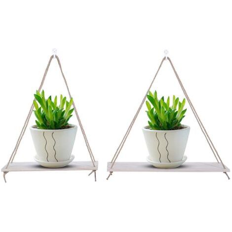 Étagère Murale Flottante, Support Mural Suspendu en Bois Massif avec Crochets et Corde, Triangulaire pour Plantes et Décoration, pour Salon, Chambre, Couloir (1/5)
