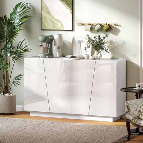 Meuble de rangement avec placards à portes et étagère réglable, 150 x 40 x 88 cm, blanc brillant (1/5)
