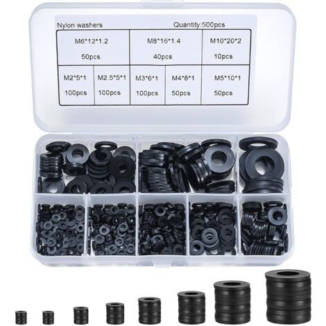 500 pièces rondelle plate en nylon, rondelle plate isolée joint rond joint d'étanchéité kit d'assortiment de tuyaux-M2/M2.5/M3/M4/M5/M6/M8/M10 (noir) (1/5)