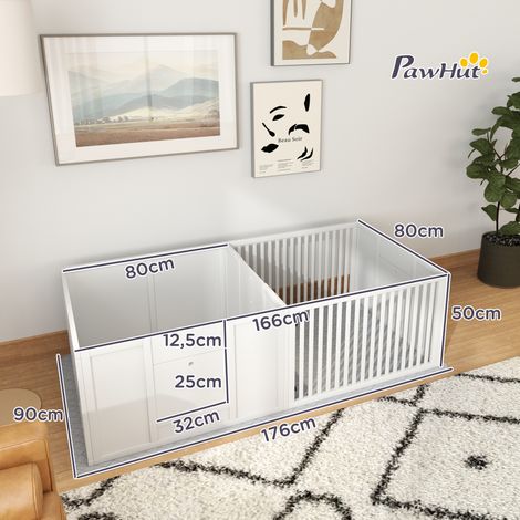 Caisse de mise bas pour chiots, avec tapis, facile à nettoyer, en bois, 166 x 80 x 50 cm, blanche (1/5)