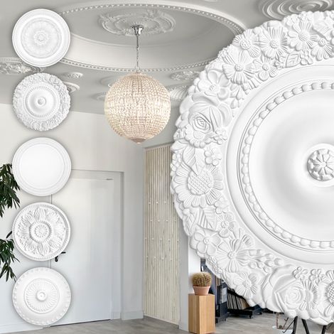 HEXIM Perfect Stuckrosette aus PU, B2016 bis B3046 weiß - Deckenrosette Stuck Wanddeko Wohnzimmer: B3039 - Ø 535mm