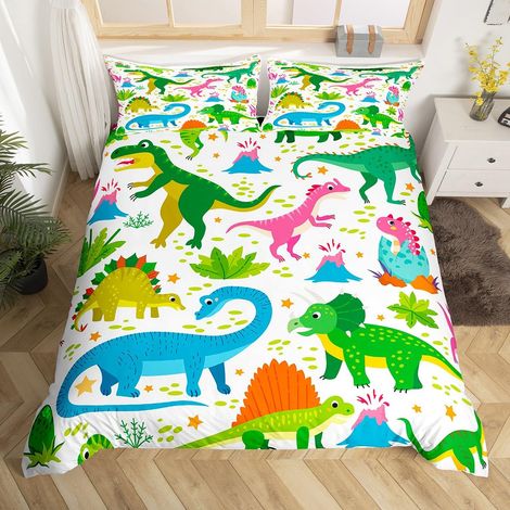 Parure de lit avec housse de couette et 1 taie d'oreiller pour lit simple Motif dinosaure vert pour garçons et filles (1/5)