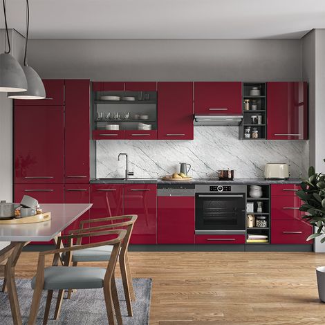Mueble de cocina Fame-Line, Burdeos brillo intenso/antracita, 355 cm , ET Antracita, Vicco