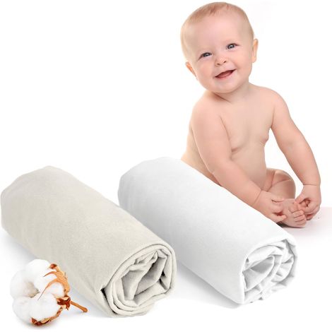 Spannbettlaken für Babys – 2er-Set – Baumwolljersey – 60 x 120 cm – Weiß und Beige – Öko-Tex-zertifiziert (1/5)