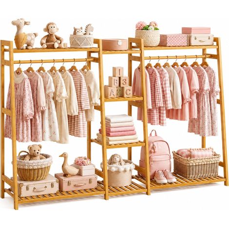 Porte-vêtements pour enfants avec étagères, portant à vêtements en bambou pour enfants et bébés, étagère de rangement pour vêtements d'enfants avec étagère supérieure, armoire pour (1/5)