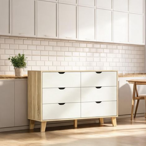Commode blanche et chêne 6 tiroirs en panneaux de particules (1/5)